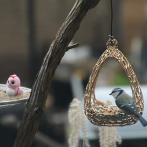 Uniek vogelvoeder met glazen schaaltje en love birds.